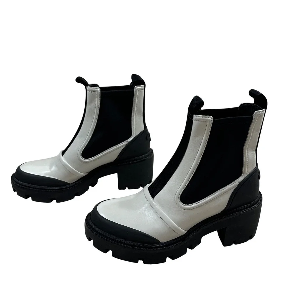 Tory Burch Black White Leather Lug Sole Chelsea Boots 8913 D23 Womens 8.5 NEW